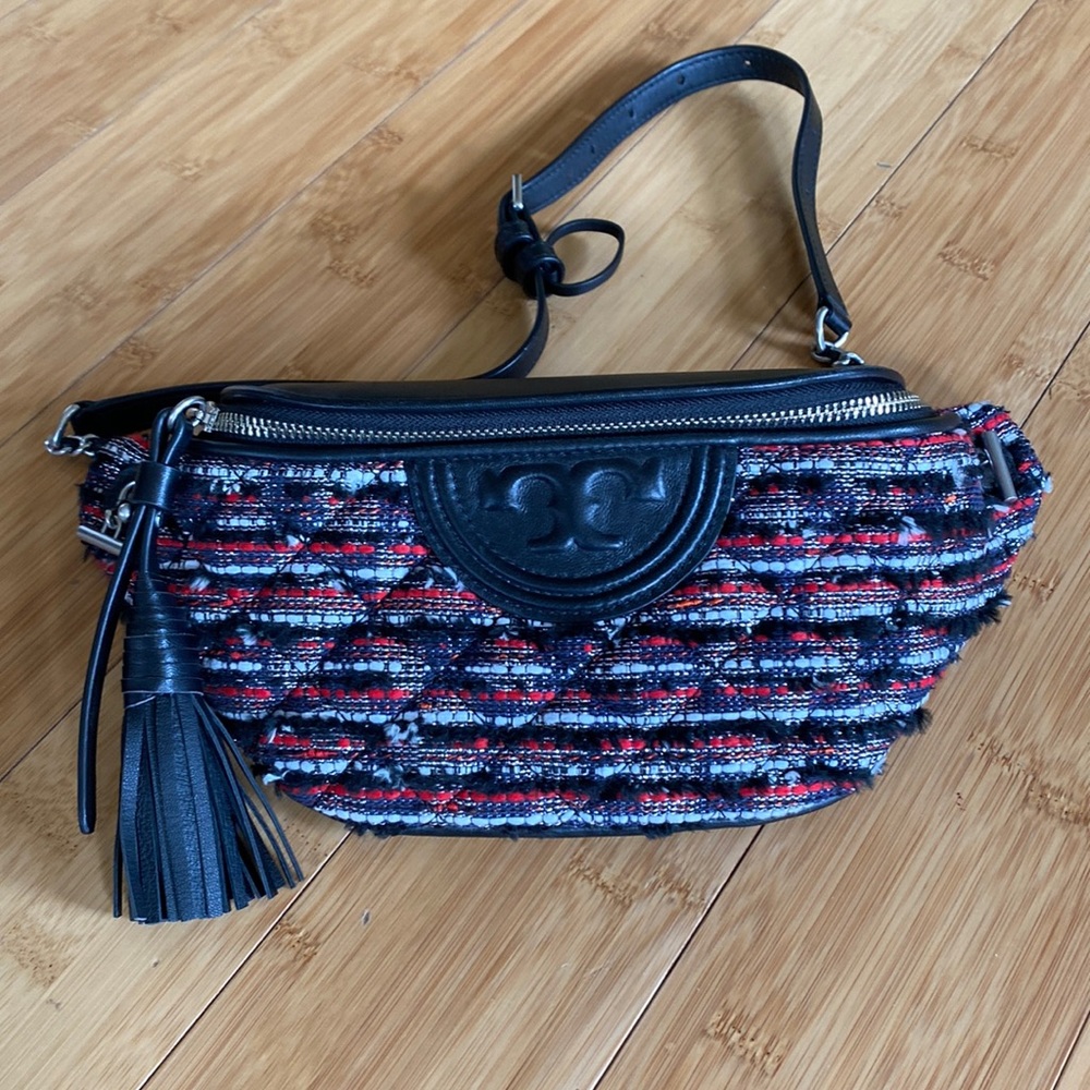New, with tag. Tory Burch Fleming Tweed Belt Bag. Red, white and black.
